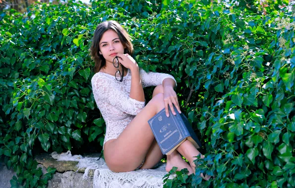 Model, Cute, Glasses, Reading, On The Wall, Lace Bodysuit