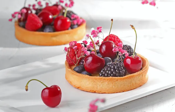 Цветы, вишня, ягоды, черника, пирожное, выпечка, ежевика, сладкое