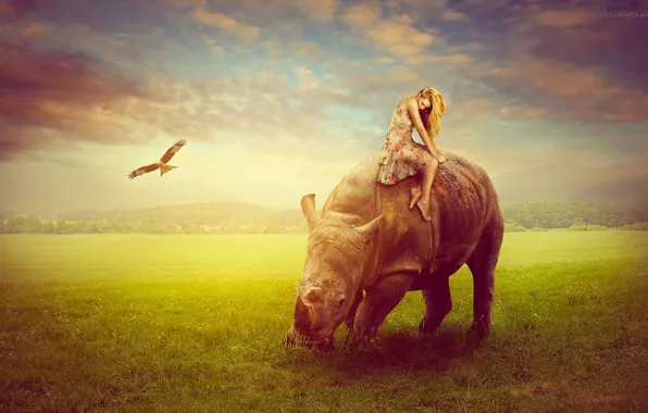 Girl, fantasy, digital, nature, woman, rhino, art, beautiful