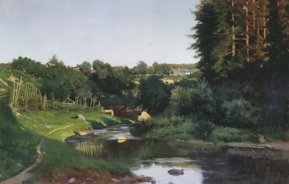 Картинка картина, Крыжицкий, Деревня на берегу речки