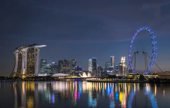 Картинка ночь, огни, Сингапур, Marina Bay, колесо обзора