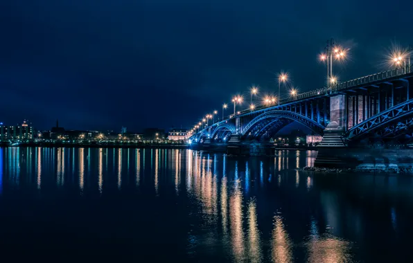 Ночь, огни, река, Германия, фонари, Mainz, Рейн.мост, Майнц