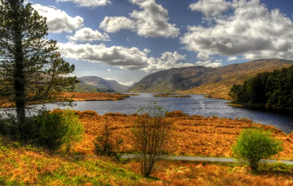 Картинка осень, небо, облака, деревья, горы, река, Ирландия, Glenveagh National Park