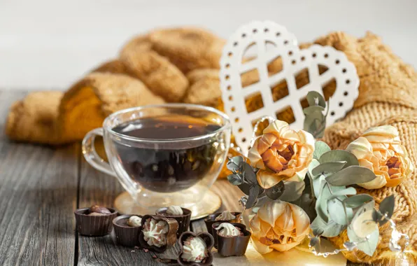 Листья, цветы, уют, чай, сердце, доски, букет, размытие