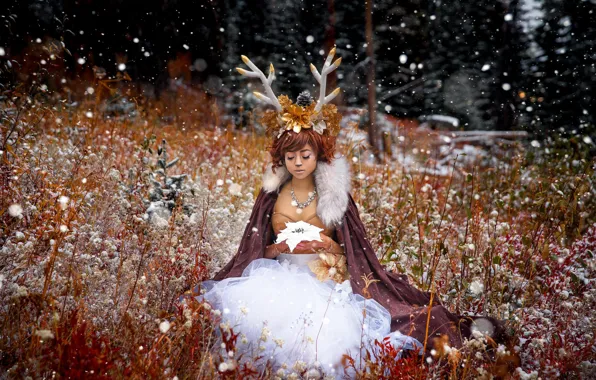 Картинка девушка, снег, рога, Lichon, Winter Sawbuck