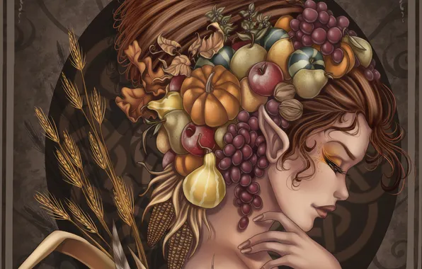 Картинка девушка, лицо, эльф, арт, прическа, виноград, профиль, груша