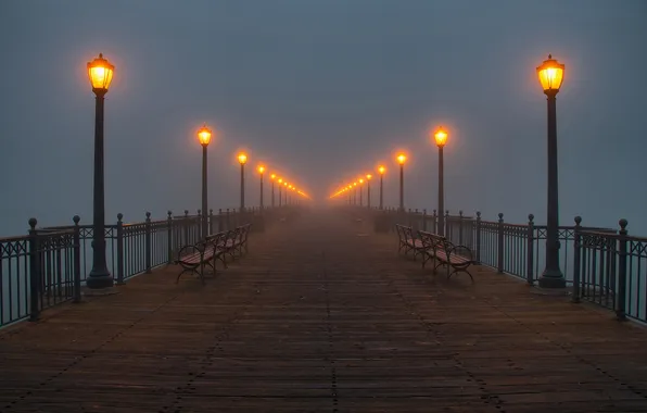 Картинка мост, туман, фото, вечер, фонари, скамейки, лавочки