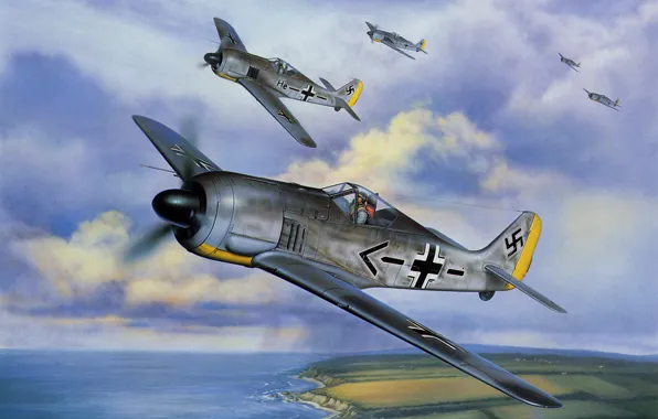 War, art, painting, aviation, Fw 190, ww2, german fighter