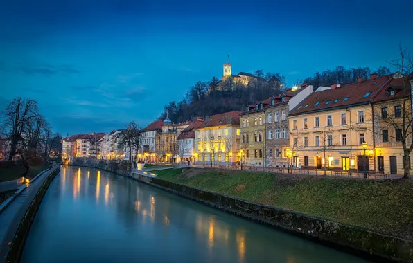 Картинка огни, река, вечер, Словения, Любляна