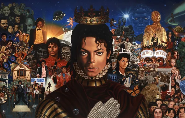 Коллаж, рисунок, звезда, корона, арт, Майкл Джексон, знаменитость, перчатка
