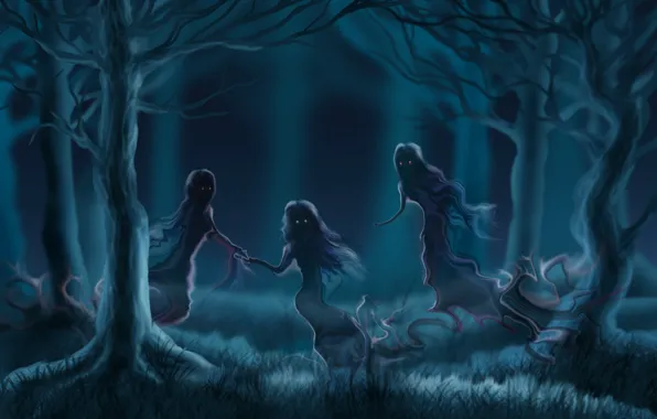 Ночь, духи, призраки, привидения, проклятое место, туман в лесу