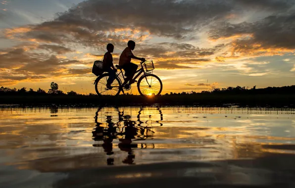 Bicycle, twilight, sky, landscape, nature, Sunset, water, clouds