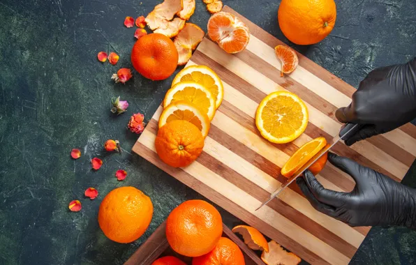 Цветы, апельсины, руки, лепестки, нож, перчатки, россыпь, дольки