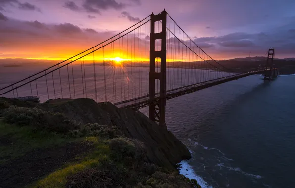 Закат, мост, Сан-Франциско, USA, США, Golden Gate Bridge, California, San Francisco