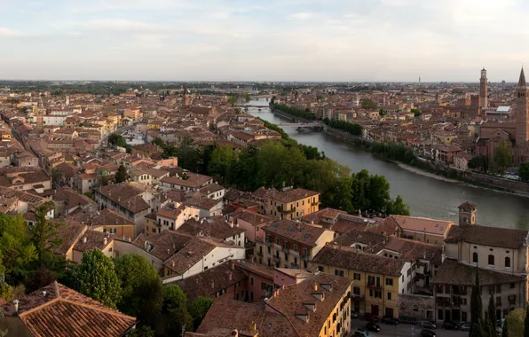 Картинка город, фото, дома, горизонт, Италия, сверху, Verona, водный канал