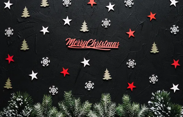 Фон, праздник, черный, Stars, ёлки, звездочки, декор, Merry christmas