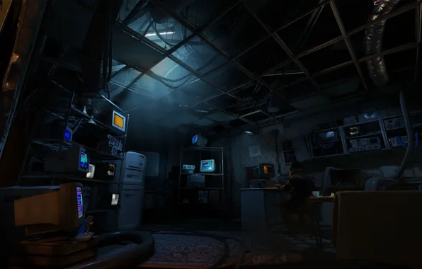 Комната, провода, холодильник, компьютеры, мониторы, Half-Life Alyx