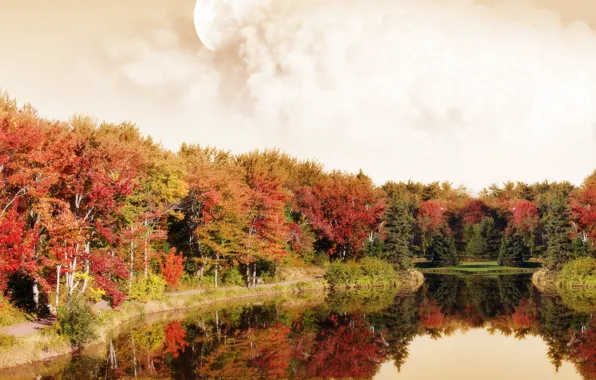 Картинка осень, озеро, луна