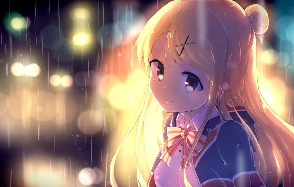 Картинка девушка, улыбка, дождь, аниме, арт, kujou karen, kiniro mosaic, nitro