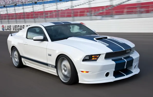 Картинка белый, скорость, трасса, Mustang, Ford, Shelby, мустанг, white