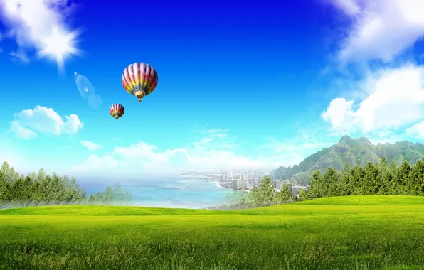 Картинка поле, природа, воздушные шары, океан, побережье, небоскребы, набережная
