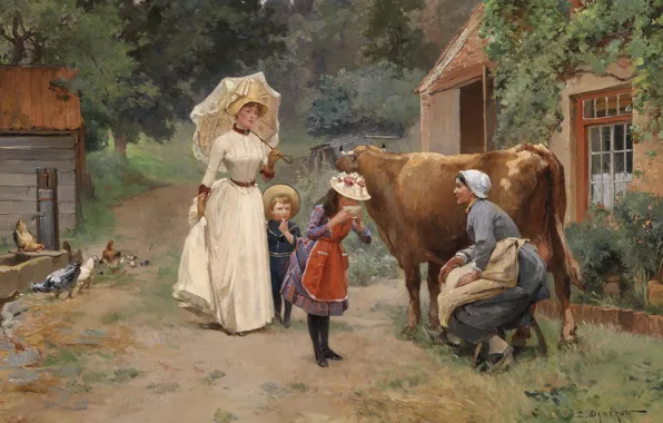 1908, французский живописец, French painter, Посещение фермы, Emile Dameron, Visit to the farm, Эмиль Дамерон, …