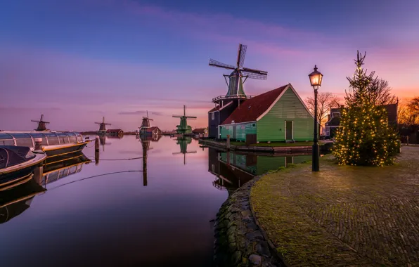 Вечер, фонари, канал, мельницы, Нидерланды, Голландия, North Holland, Zaanse Schans