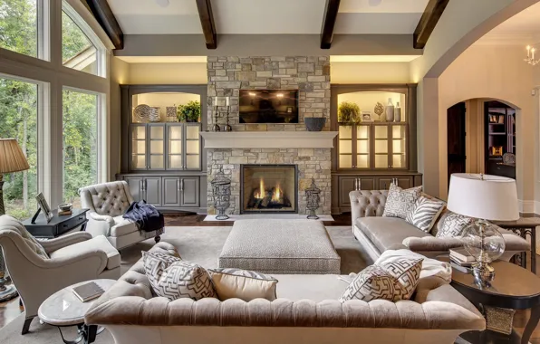 Картинка вилла, интерьер, камин, гостиная, rustic family room, stone fireplace