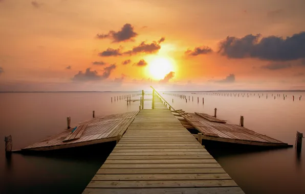 Картинка солнце, закат, мост, рассвет, берег, пирс, мостик, водоем