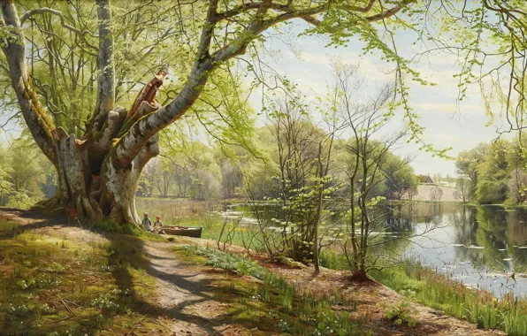 Картинка 1897, датский живописец, Петер Мёрк Мёнстед, Peder Mørk Mønsted, Danish realist painter, Зелёный весенний пейзаж …