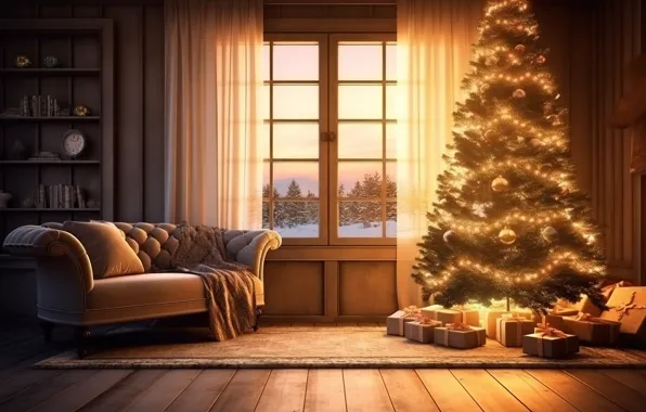 Зима, украшения, комната, шары, елка, интерьер, Новый Год, Рождество