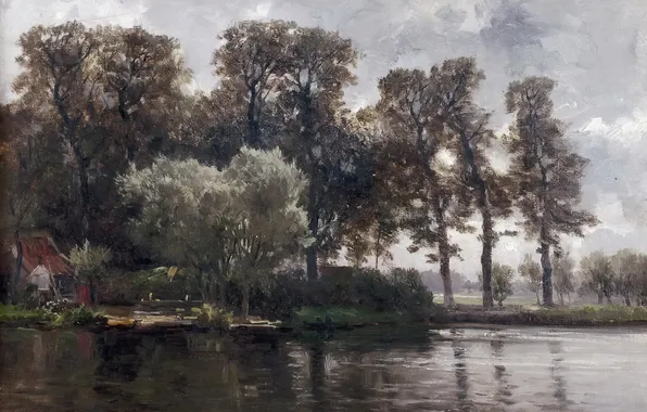 Вода, деревья, пейзаж, дом, картина, Карлос де Хаэс, Канал в Голландии