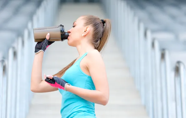 Woman, gloves, exercises, sportswear, protein drink