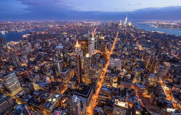 Картинка город, огни, Нью-Йорк, вечер, США, Манхэттен