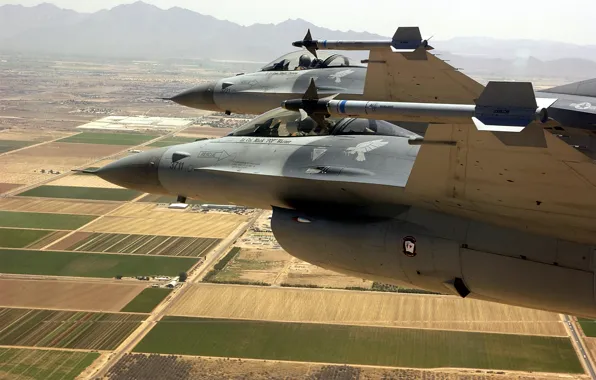 Горы, поля, США, полёт, F-16, Южная Аризона