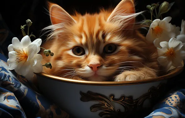 Кошка, взгляд, свет, цветы, поза, темный фон, котенок, портрет