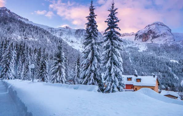 Картинка зима, снег, пейзаж, горы, природа, дома, Альпы, Италия