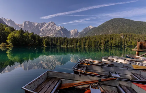 Картинка лес, горы, озеро, отражение, лодки, Альпы, Италия, Italy