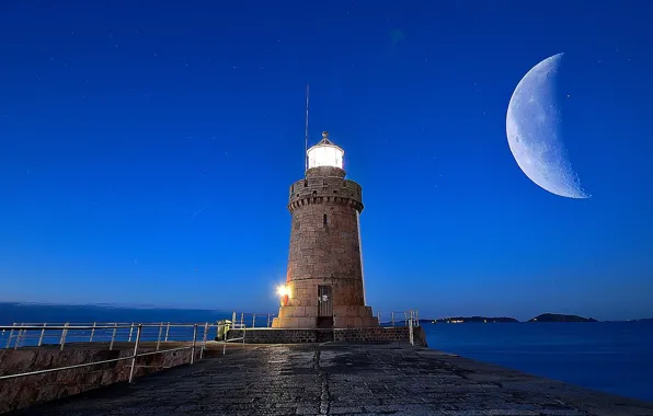 Light, moon, twilight, sea, ocean, seascape, dusk, lighthouse