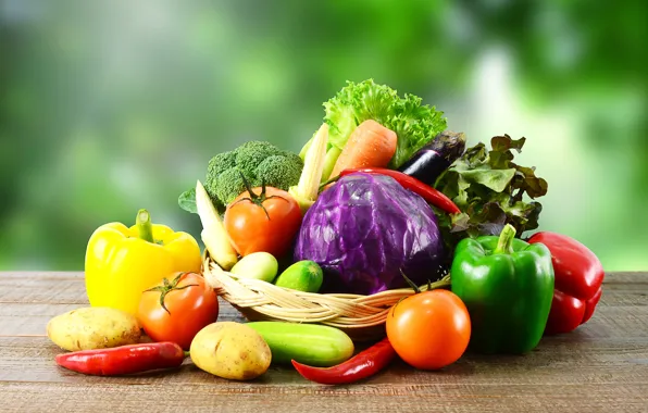 Зелень, стол, фон, кукуруза, баклажан, перец, овощи, помидоры