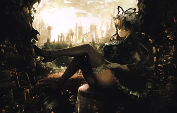 Нора, свалка, пещера, черное платье, art, флирт, Touhou, Yukari Yakumo
