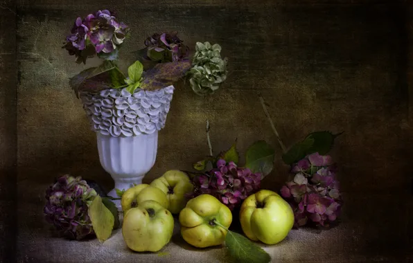 Картинка цветы, ретро, яблоки, ваза, натюрморт