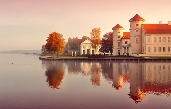 Утро, отражение, листья, вода, желтые, здания, осень, Germany