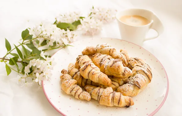 Кофе, шоколад, завтрак, десерт, круассаны, nutella