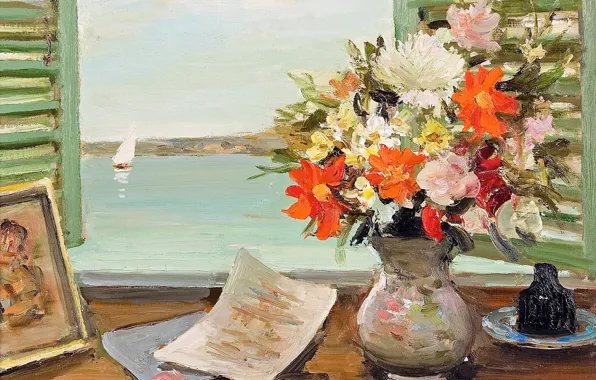 Картинка цветы, лодка, картина, окно, парус, ваза, Марсель Диф, Открытые ставни
