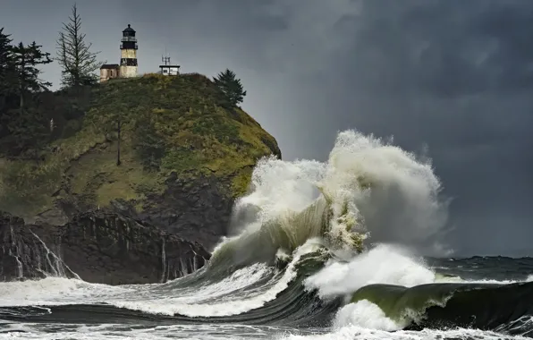 Картинка волна, маяк, United States, Washington, Pacific City