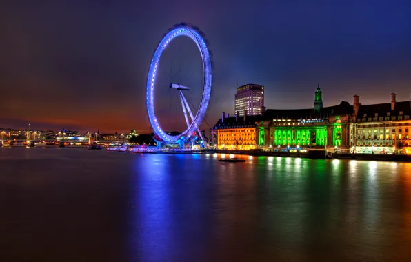 Картинка огни, река, Англия, Лондон, здания, вечер, подсветка, Великобритания