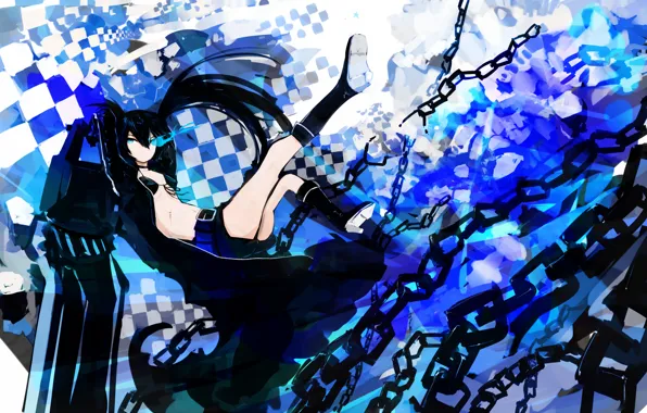 Девушка, оружие, аниме, арт, black rock shooter, светящийся глаз, своеобразный стиль