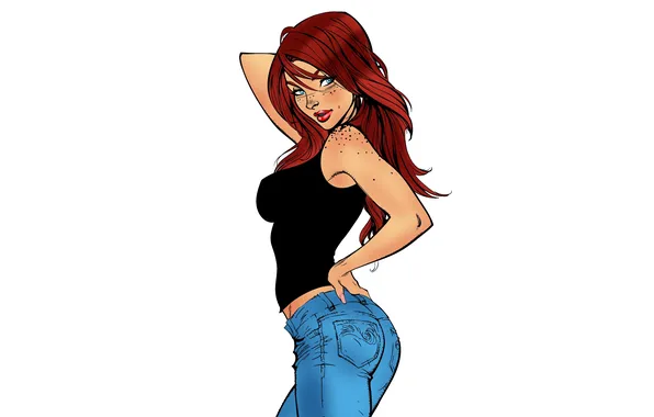 Взгляд, поза, белый фон, рыжие волосы, Mary Jane Watson, веснущки