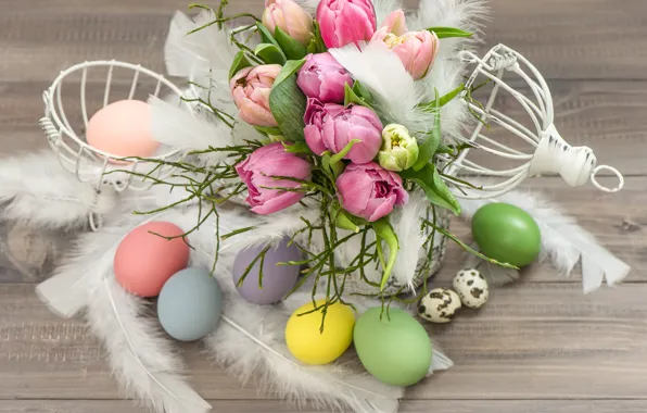 Картинка цветы, яйца, Пасха, тюльпаны, пасхальные яйца